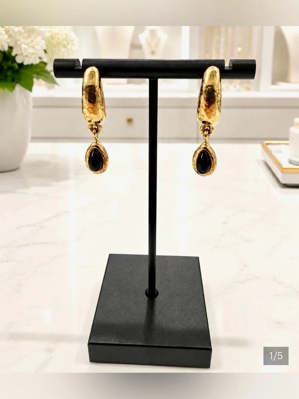Gold Teardrop Black Stone Dangle Earrings - Elegant Women's Jewelry
